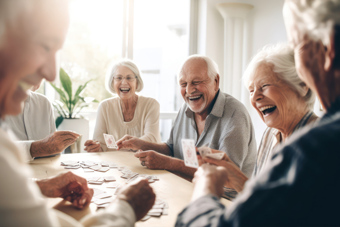 Adultos mayores riéndose mientras juegan a las cartas